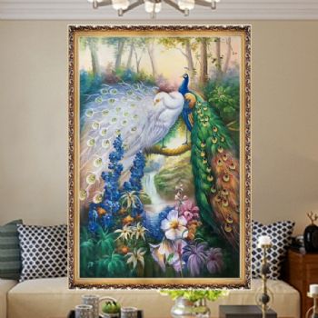 欧式纯手绘油画吉祥孔雀别墅客酒店厅玄关过道楼梯竖幅定制装饰画