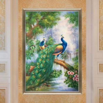 欧式纯手绘油画吉祥孔雀别墅客酒店厅玄关过道楼梯竖幅定制装饰画