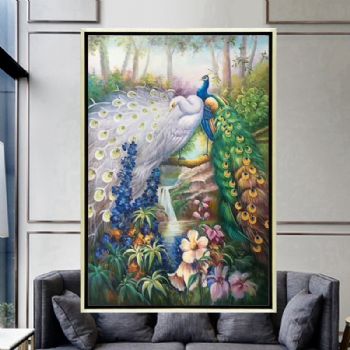 欧式纯手绘油画吉祥孔雀别墅客酒店厅玄关过道楼梯竖幅定制装饰画