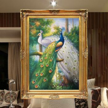 欧式纯手绘油画吉祥孔雀别墅客酒店厅玄关过道楼梯竖幅定制装饰画