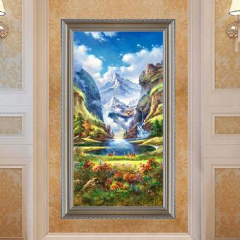 风水油画 聚宝盆 白云 高山 小鹿 纯手绘手工 线条框