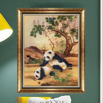 新中式家居油画客厅装饰画卧室玄关挂画手绘油画熊猫宝宝
