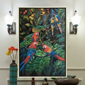 热带雨林风情手绘油画客厅玄关装饰画餐厅挂画里约大冒险金刚鹦鹉D