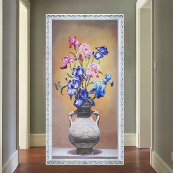 古典手绘油画 花卉壁画客厅有框挂画餐厅玄关竖版装饰画壁画