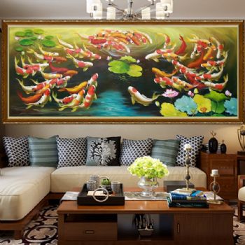 秋-客厅油画九鱼图六六大顺六十六条鲤鱼现代家居中式油画纯手绘客厅挂画