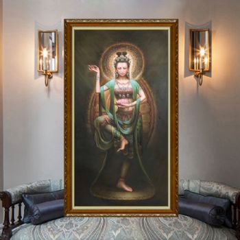 新中式玄关装饰画敦煌壁画观音手绘油画过道楼梯间挂画竖版