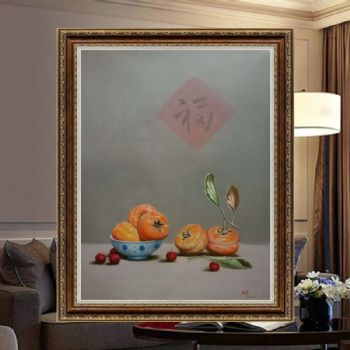 纯手绘柿子油画事事如意油画新中式装饰画客厅走廊玄关餐厅画