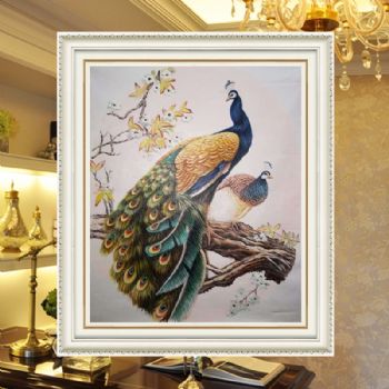 手绘油画孔雀富贵吉祥如意壁画横幅欧式玄关墙立体装饰画