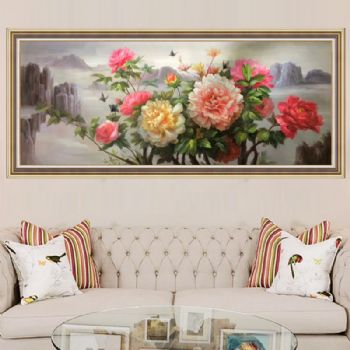 纯手绘蝴蝶牡丹花油画客厅中式会所别墅酒店花开富贵装饰画