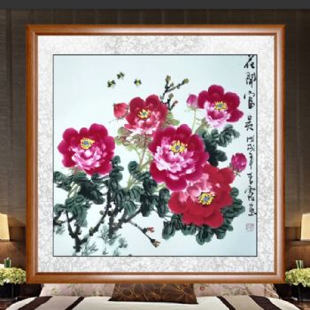 国画牡丹花鸟画名家手绘原创国色天香牡丹古韵桃木框实木框