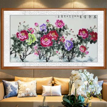 国画名家手绘原创国色天香牡丹古韵桃木框花鸟画花鸟画国画牡丹