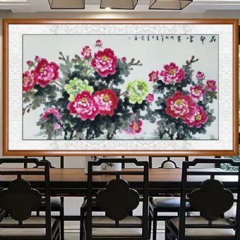 花鸟画国画名家手绘原创国色天香国画牡丹古韵桃木框实木框