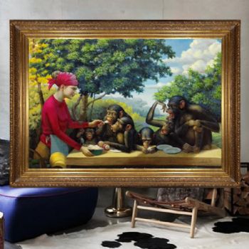 红衣女和黄猩猩实力艺术家滕戈原创油画支持合影支持作品与作者视频