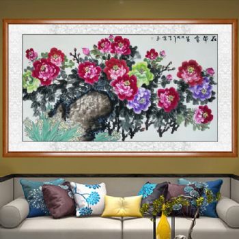 国画名家手绘原创国色天香国画牡丹古韵桃木框花鸟画花鸟画