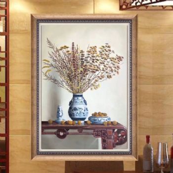 中式油画 客厅餐厅装饰画 青花瓷 手绘静物油画