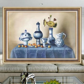 中式油画 客厅餐厅装饰画 青花瓷 手绘静物油画