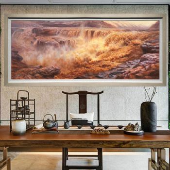 现代中式风格手绘油画黄河风景装饰挂画别墅酒店大堂客厅壁画