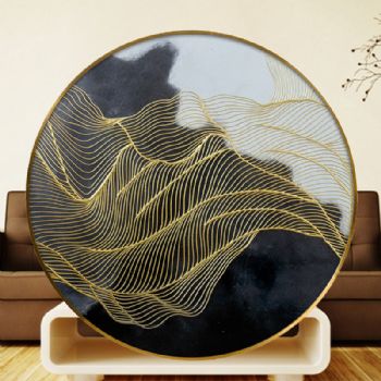 纯手绘抽象山水风景油画客厅玄关圆型油画新中式挂画装饰画