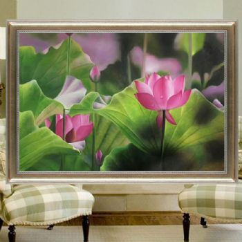荷花油画花卉装饰纯手工绘新中式玄关走廊过道餐厅背景挂壁画