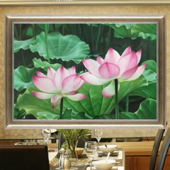 荷花油画花卉装饰纯手工绘新中式玄关走廊过道餐厅背景挂壁画
