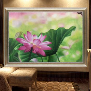 荷花油画花卉装饰纯手工绘新中式玄关走廊过道餐厅背景挂壁画