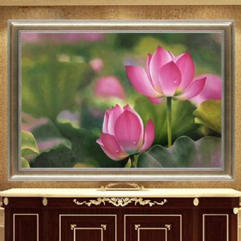 荷花油画花卉装饰纯手工绘新中式玄关走廊过道餐厅背景挂壁画