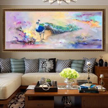 手绘现代简约装饰画 客厅大幅横版壁画有框高档绿孔雀油画