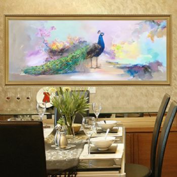 手绘现代简约装饰画 客厅大幅横版壁画有框高档绿孔雀油画