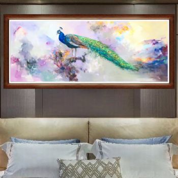 手绘现代简约装饰画 客厅大幅横版壁画有框高档绿孔雀油画