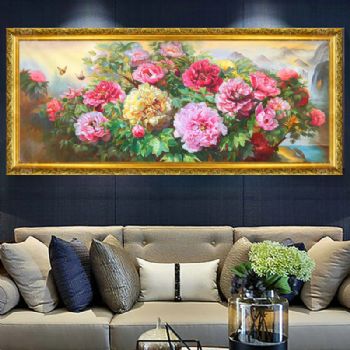 纯手绘牡丹花蝴蝶飞油画客厅中式会所别墅酒店花开富贵装饰画