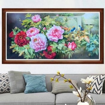 纯手绘牡丹花双飞鸟油画客厅中式会所别墅酒店花开富贵装饰画