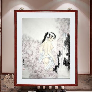 桃花浴美人,人物画 张惠斌的关门弟子温素洁原创手绘,支持作品与画家合影视频百分百真迹