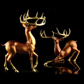 铜彩如意对鹿高端精品铜雕铜雕塑 家居摆件 办公室软装黄铜