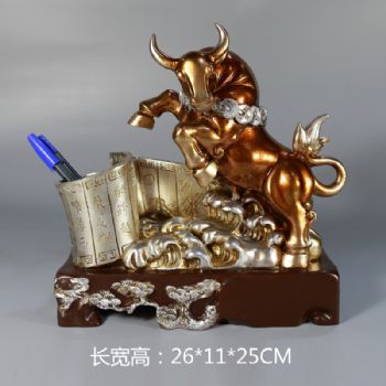 奔跳牛笔筒雕塑摆件中式摆件精品手工雕塑