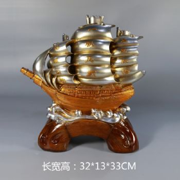 一帆风顺帆船摆件雕塑摆件中式摆件精品手工雕塑