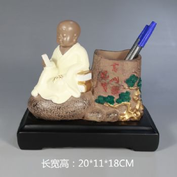 小沙弥笔筒雕塑摆件中式摆件精品手工雕塑