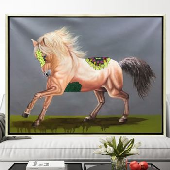 创新简约动物油画卧室挂画现代简约抽象装饰画多彩的马客厅墙壁画