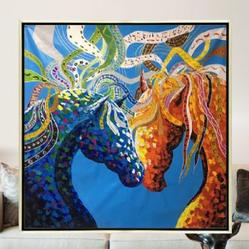 纯手绘手工家庭挂画酒店挂画玄观中式挂画多彩的马装饰画线条框