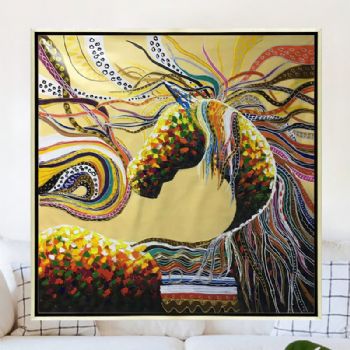 纯手绘手工家庭挂画酒店挂画玄观中式挂画多彩的马装饰画线条框