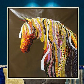 纯手绘手工家庭挂画酒店挂画玄观中式挂画多彩的马装饰画线条框