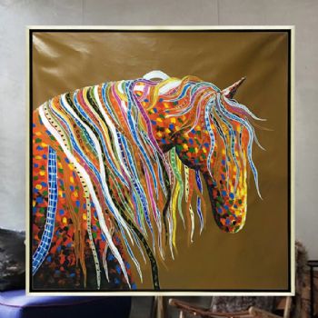 纯手绘手工家庭挂画酒店挂画玄观中式挂画多彩的马装饰画线条框