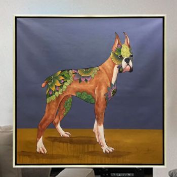 纯手绘手工家庭挂画酒店挂画玄观中式挂画多彩的狗装饰画