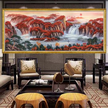 高端聚宝盆油画纯手绘中式山水风景客厅装饰画办公室风水挂画