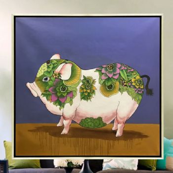 卧室挂画漂亮可爱小猪创新简约动物油画现代简约抽象装饰画多彩的猪客厅墙壁画