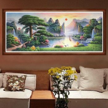 聚宝盆油画纯手绘中式山水风景客厅装饰画办公室壁画风水挂画