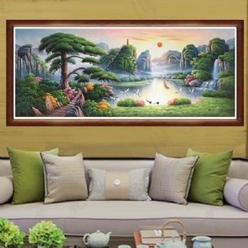 聚宝盆油画纯手绘中式山水风景客厅装饰画办公室壁画风水挂画
