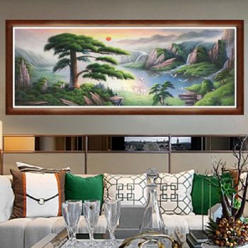聚宝盆油画纯手绘中式山水风景客厅装饰画办公室壁画风水挂画