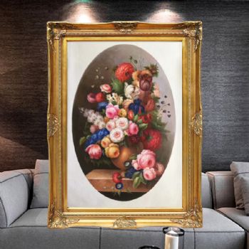 手绘油画欧式油画花卉美式壁画客厅玄关挂画圆形画芯角花框 D