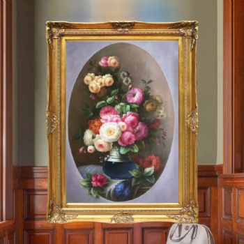 手绘油画欧式油画花卉美式壁画客厅玄关挂画圆形画芯角花框 B