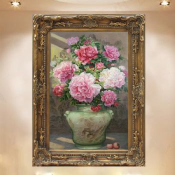 中式客厅玄关装饰画精品油画牡丹青花瓷写实手绘油画